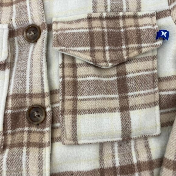 Hurley Cream & Brown Plaid Flannel Shacket Jacket Fall Neutral Pocket Size Small - Picture 6 of 12